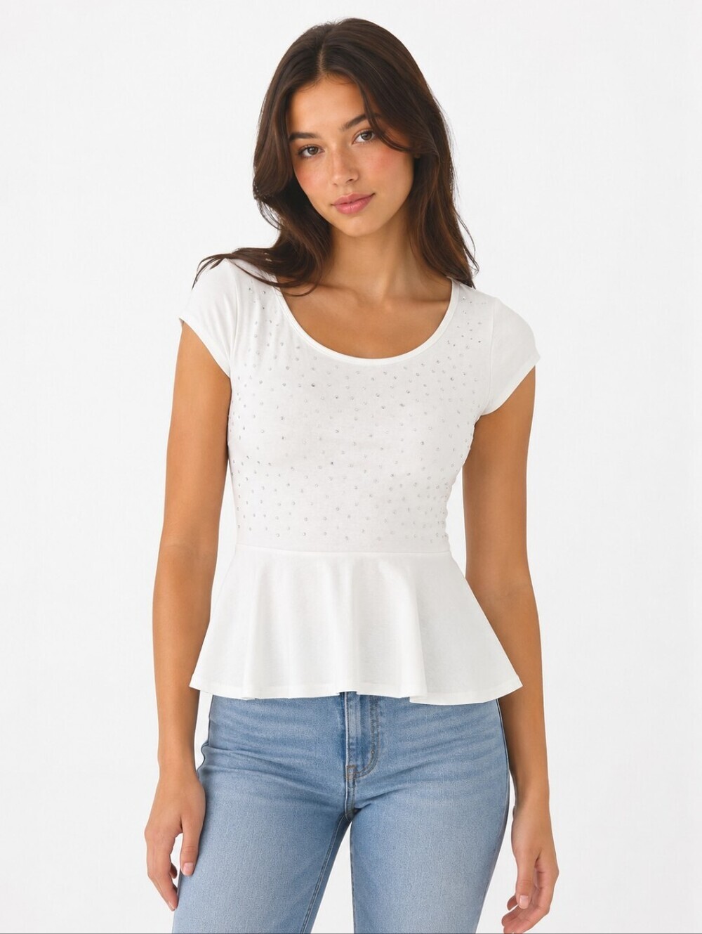Charlotte Russe Cream Peplum Top with Rhinestone Accents